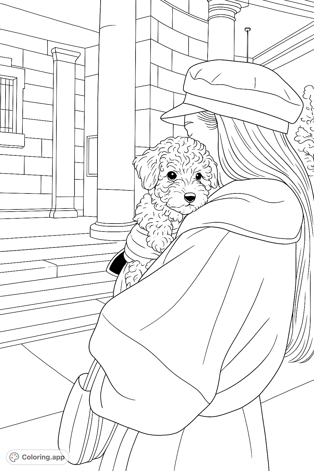 A heartwarming scene of a person holding a fluffy puppy, set against a grand architectural backdrop. Perfect for pet lovers and urban explorers.