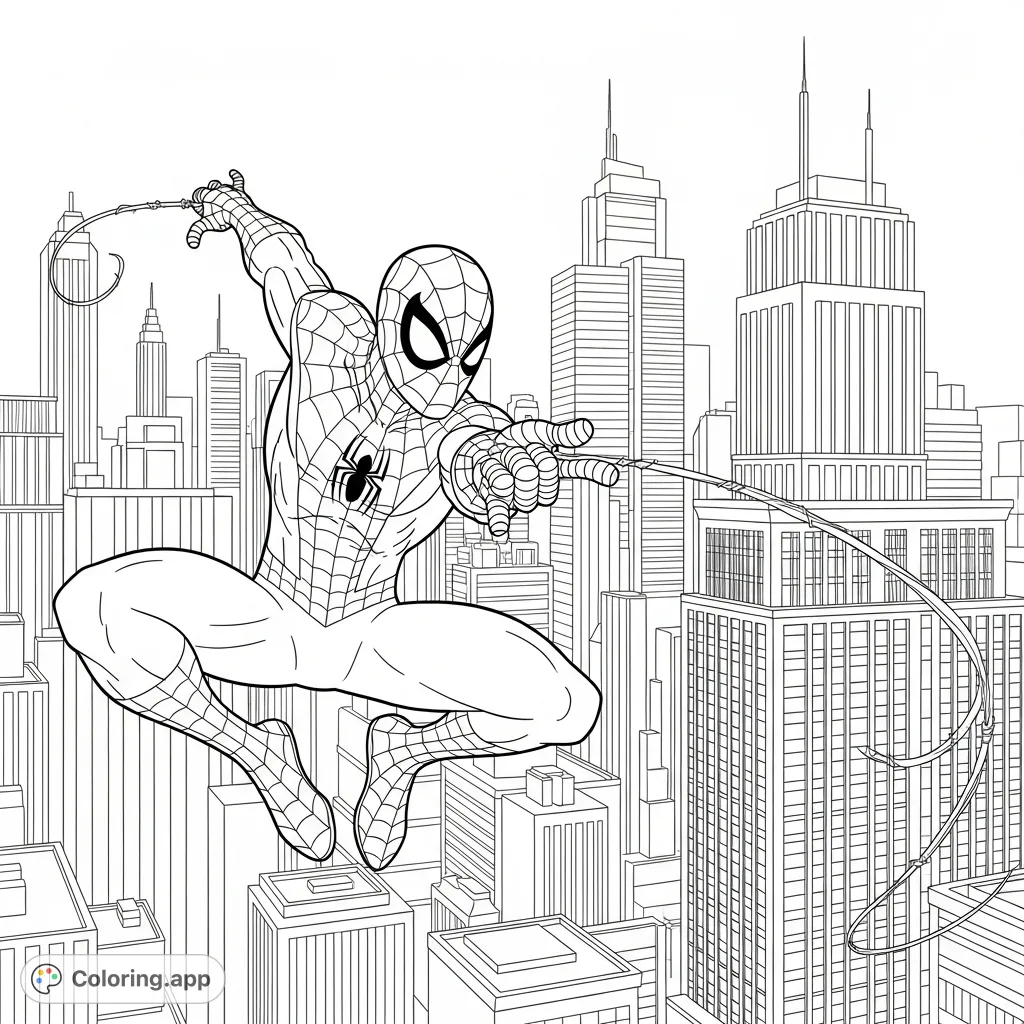 A dynamic Spider-Man coloring page featuring the hero in an action pose, launching a web against a backdrop of towering city buildings and a sprawling cityscape.