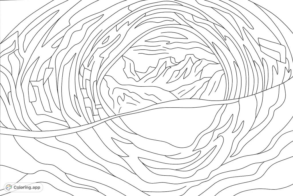 Explore a unique abstract portal opening to a majestic mountain landscape. A captivating scene with intricate patterns and grand natural forms.