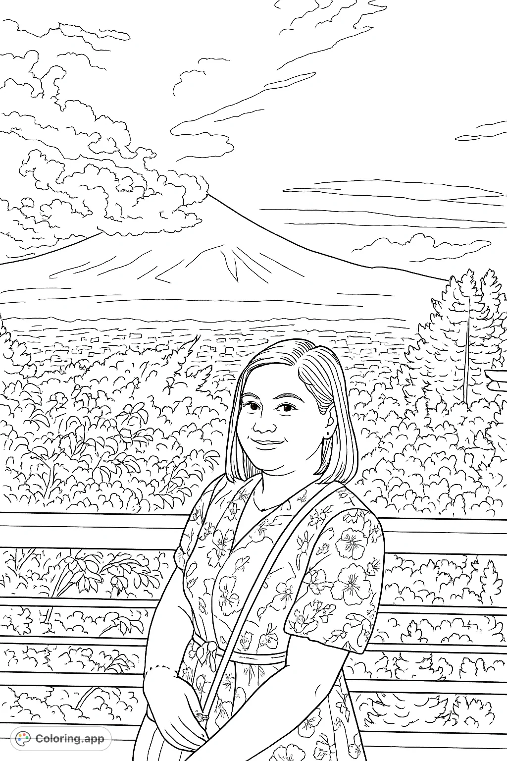 A smiling figure against a grand mountain vista, featuring a sprawling town and lush foliage. A beautiful scenic landscape awaits your creative touch.