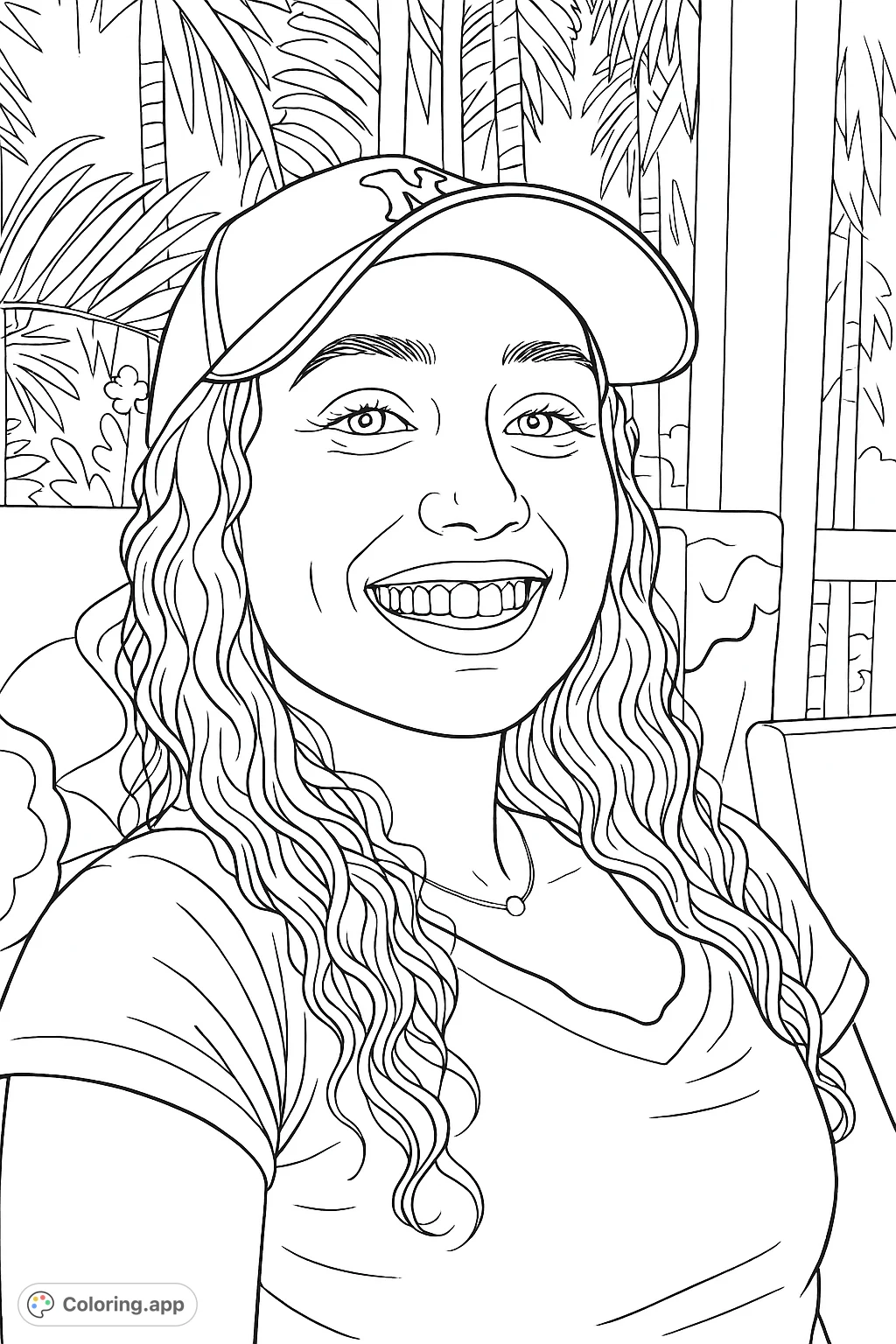Capture the joyful spirit of a young woman with curly hair and a baseball cap, smiling brightly in an outdoor setting. A delightful portrait for creative expression.