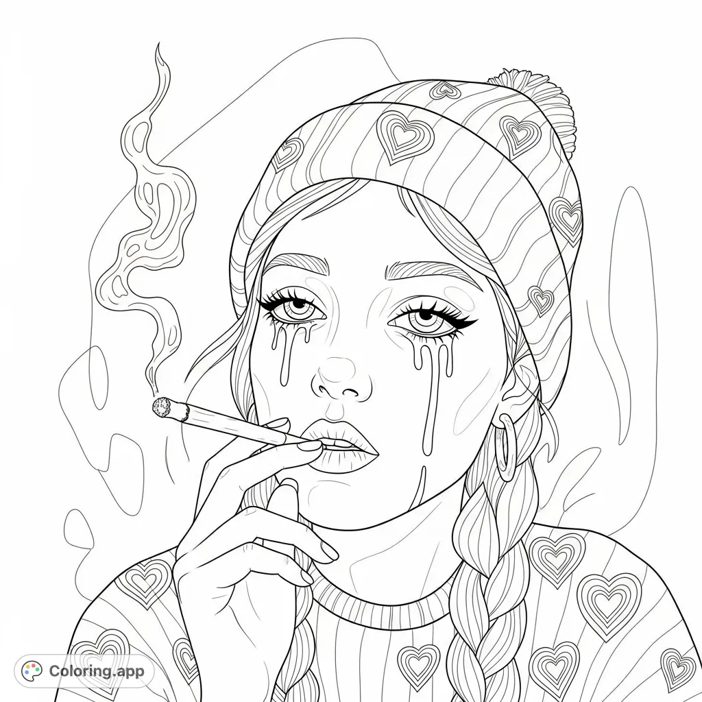 A stylized depiction of a young woman smoking, featuring unique "drip" eye details and a relaxed demeanor. Perfect for adult colorists seeking creative expression.