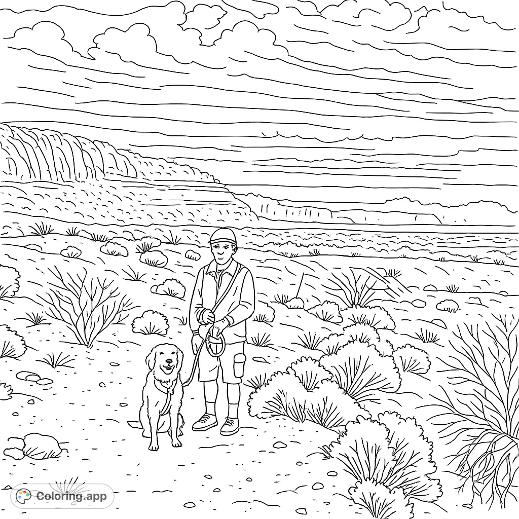 Embark on a desert adventure! A person and their loyal dog explore a rugged landscape with majestic rock formations and a dramatic sky, perfect for coloring.