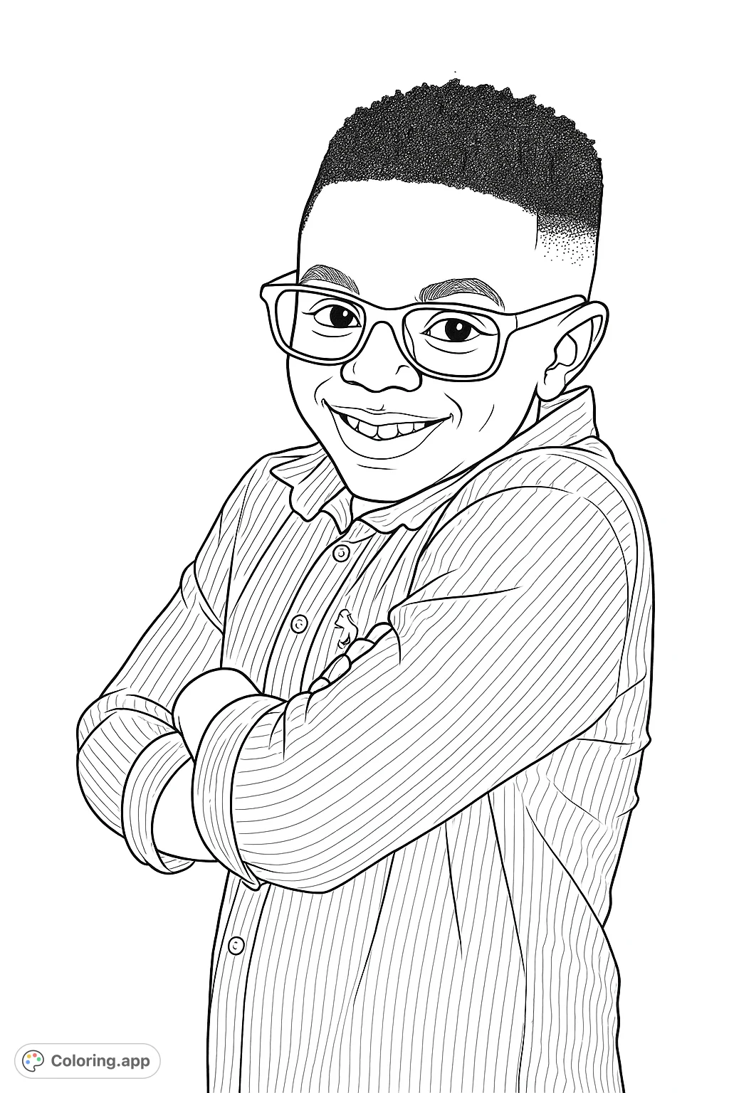 A cheerful boy with glasses and a striped shirt, arms crossed, smiling brightly. A delightful portrait for a fun coloring experience.