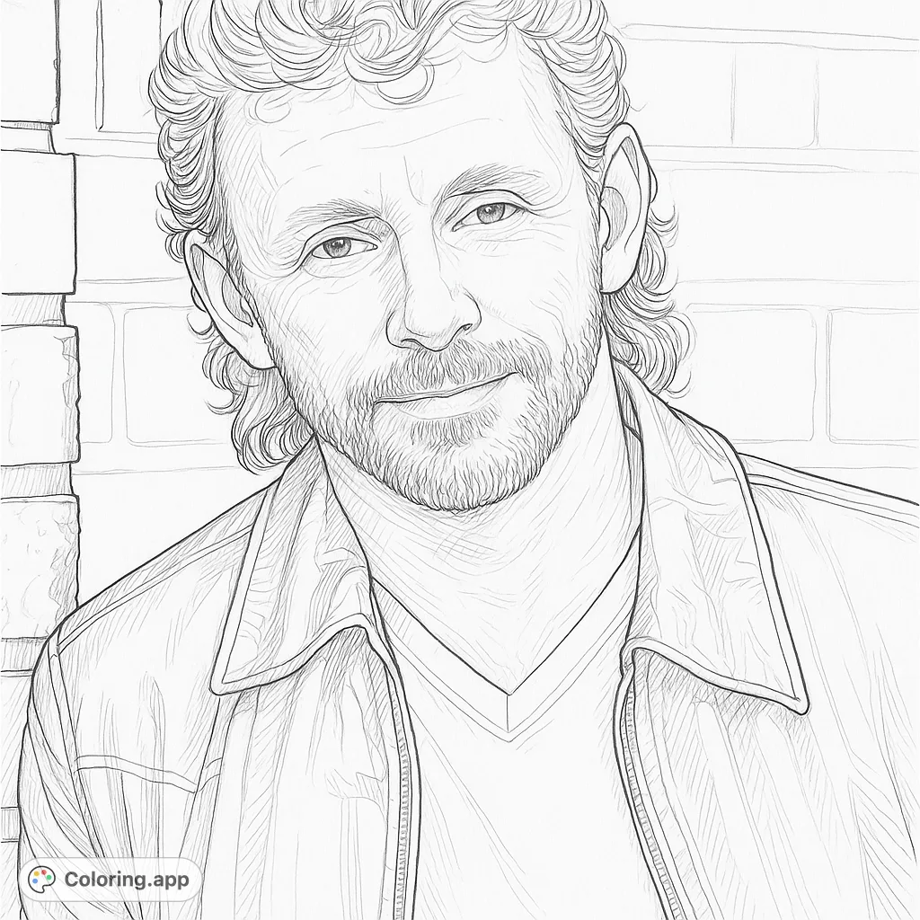 Color a realistic portrait of a man with a beard and curly hair, wearing a leather jacket, leaning against a textured brick wall. Perfect for detailed coloring.