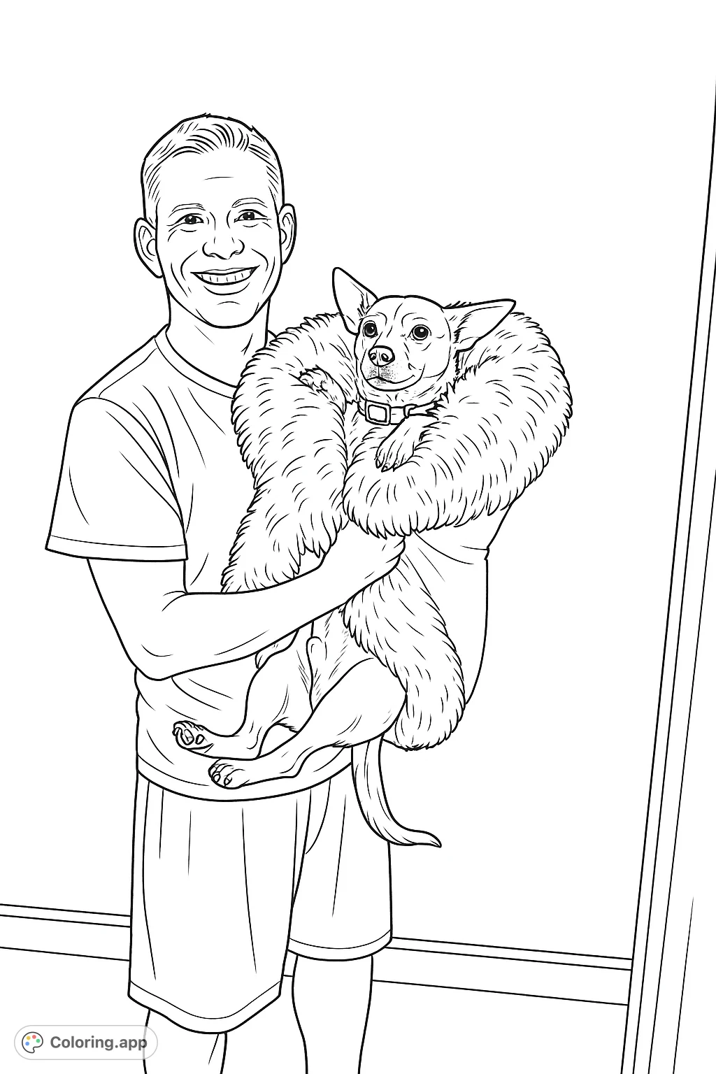 A heartwarming coloring page featuring a smiling man holding a small dog nestled in a plush, fluffy bed. Perfect for pet lovers and family fun!