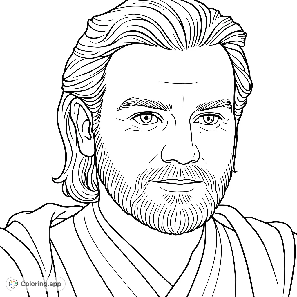 Color a detailed portrait of a thoughtful man with a distinctive beard and flowing hair, perfect for fans of epic space sagas.