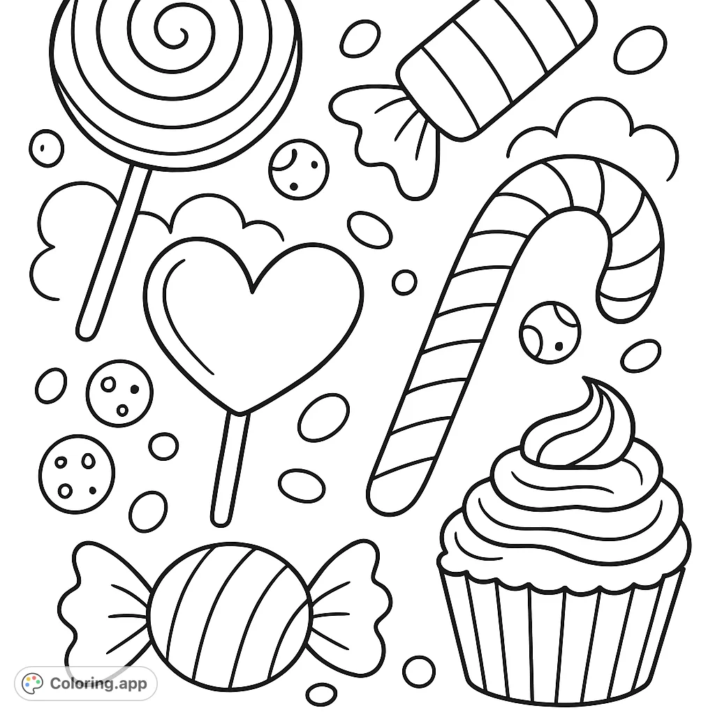 Dive into a world of delicious delights with this candy coloring page! Featuring lollipops, candy canes, cupcakes, and more for endless creative fun.