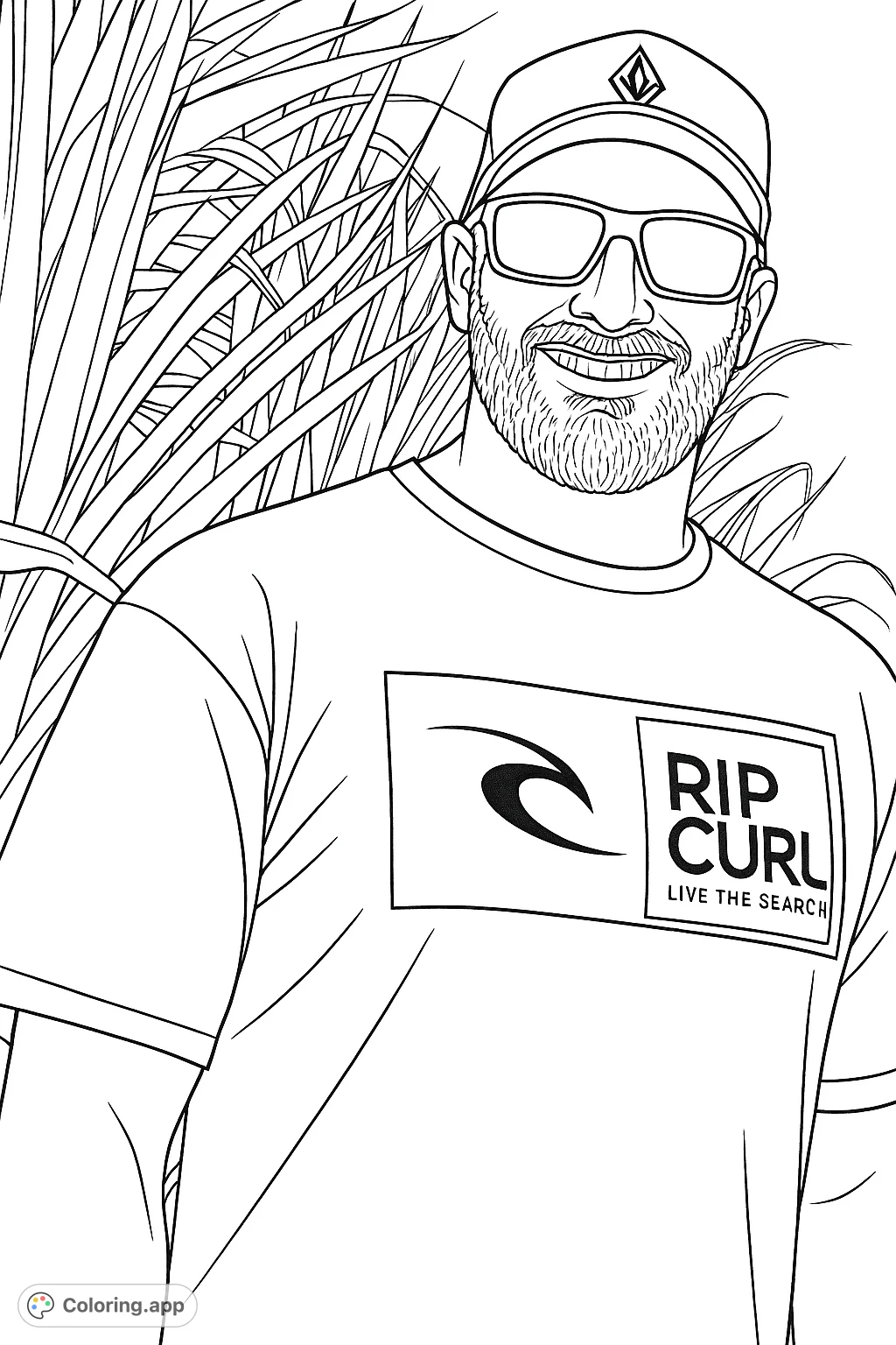 A friendly bearded man in a cap and sunglasses, smiling against a backdrop of tropical foliage. A casual outdoor scene ready for your creative touch.