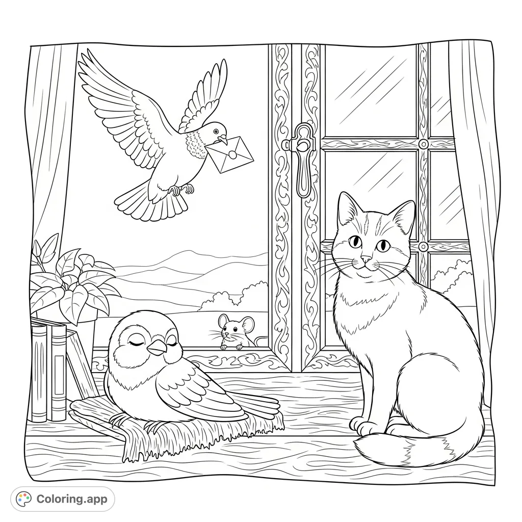 Discover a charming scene featuring a sleeping bird, a curious cat, a hiding mouse, and a pigeon delivering a letter on a detailed windowsill.