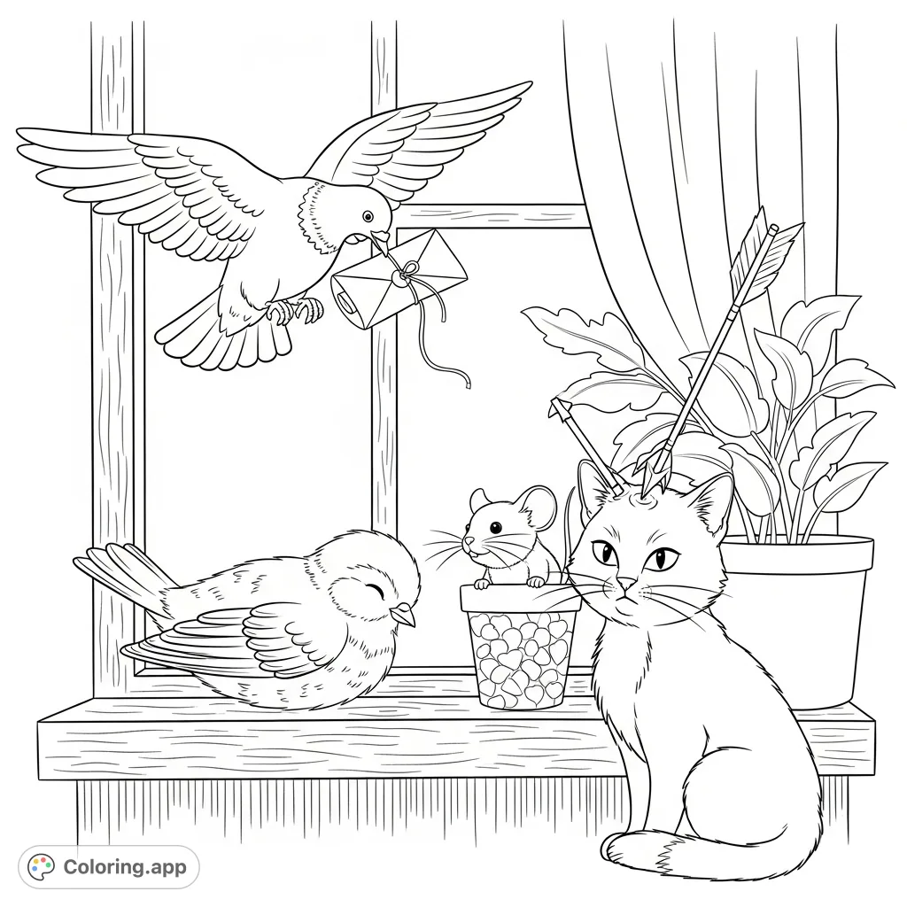 A humorous animal mischief coloring page featuring a sleeping bird, a letter-carrying pigeon, a hiding mouse, and a cat with an arrow in its ear on a windowsill.