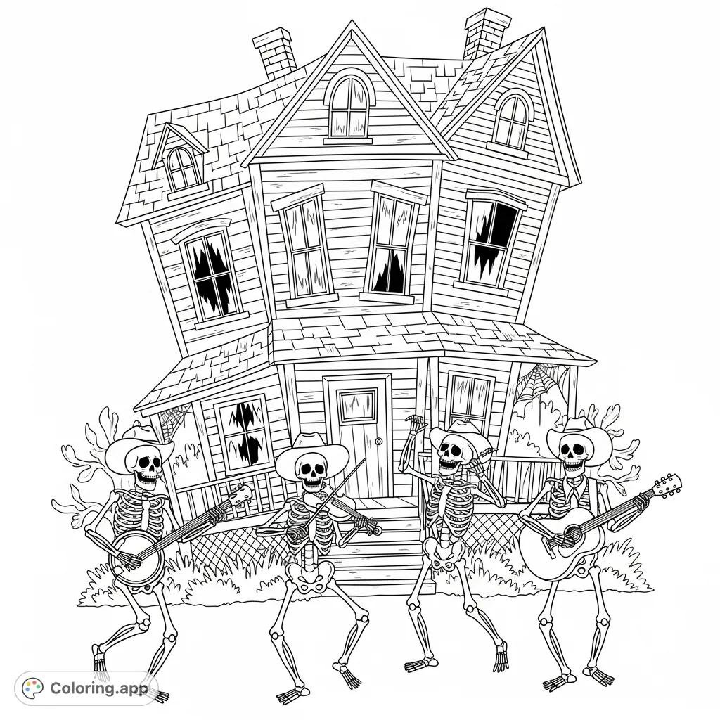 A hilarious haunted house scene featuring a band of dancing skeletons playing country music. A free printable haunted house coloring page for kids and adults.