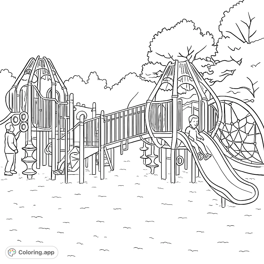 Explore a vibrant playground scene with towering structures, slides, and climbing nets. Perfect for imaginative play and creative coloring fun.