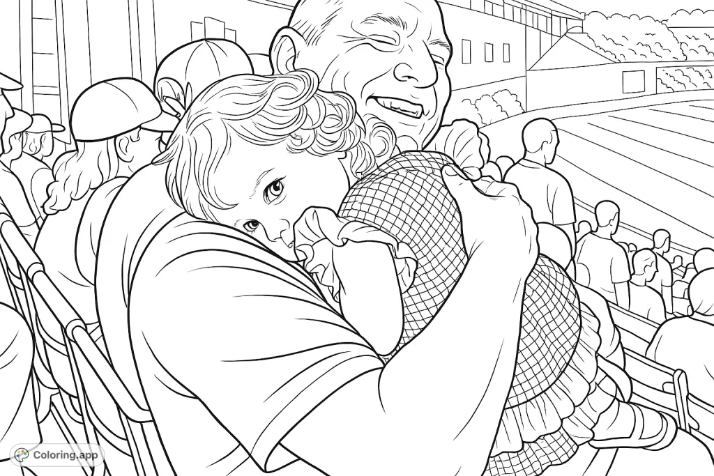 Capture a heartwarming moment between a man and a child at a stadium. This sweet scene offers a delightful coloring experience for all ages.