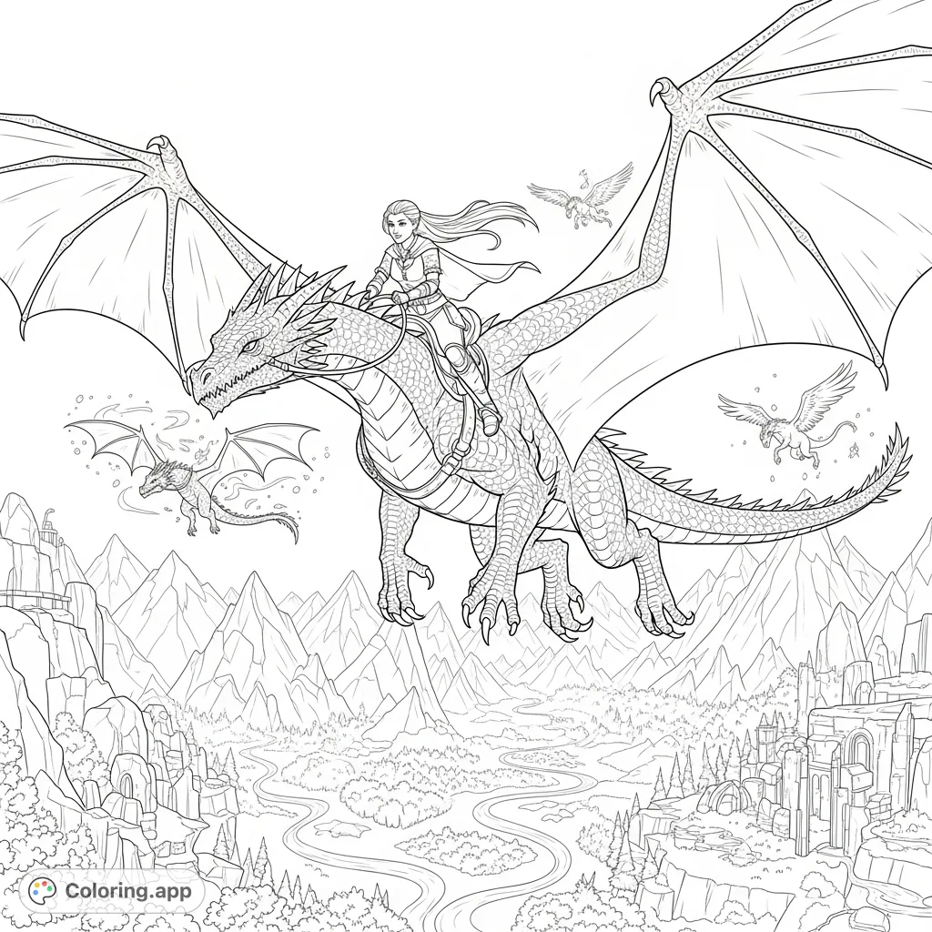 Soar above a mystical world with a brave girl on her magnificent dragon. This intricate fantasy coloring page offers a thrilling adventure for your imagination.