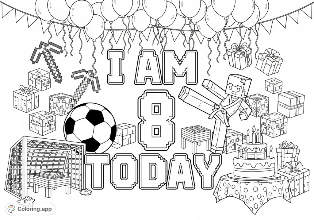 Celebrate an 8th birthday with a unique coloring page featuring "I Am 8 Today" text, Minecraft, soccer, karate, and festive decorations.