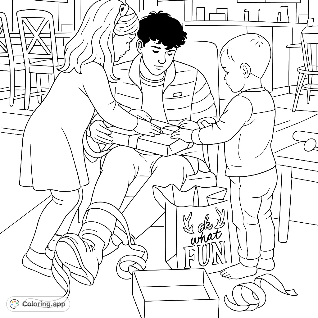 A heartwarming family scene of three siblings excitedly opening a gift together, surrounded by festive elements. Perfect for celebrating togetherness.