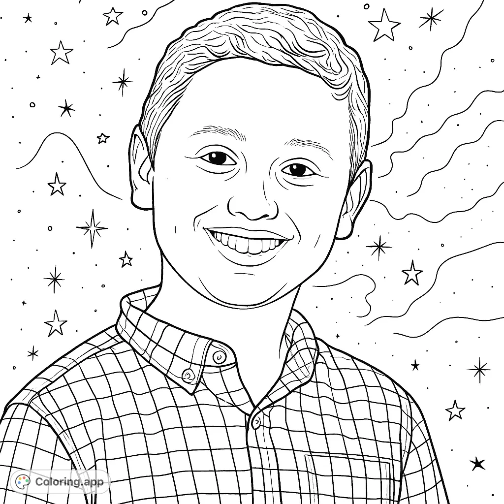 A cheerful boy with a plaid shirt smiles against a cosmic backdrop of stars and nebulae. A fun space-themed coloring page for all ages.