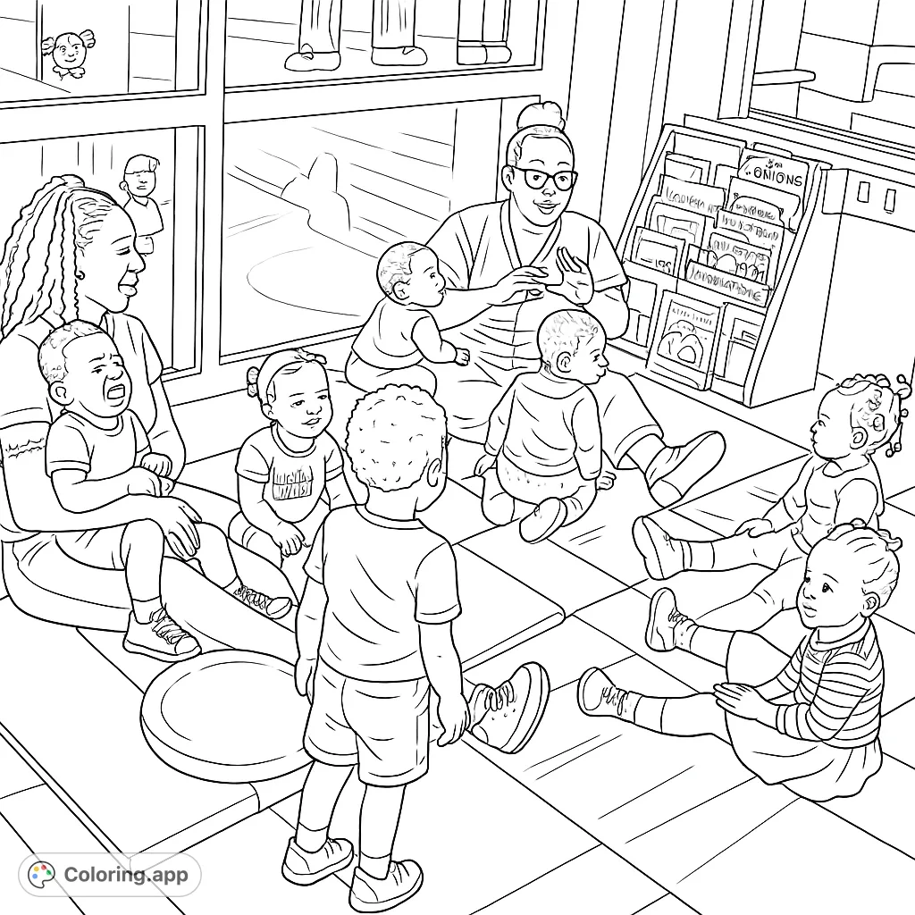 A heartwarming scene of adults reading to a group of young children on colorful floor mats, surrounded by books. Perfect for fostering imagination and learning.