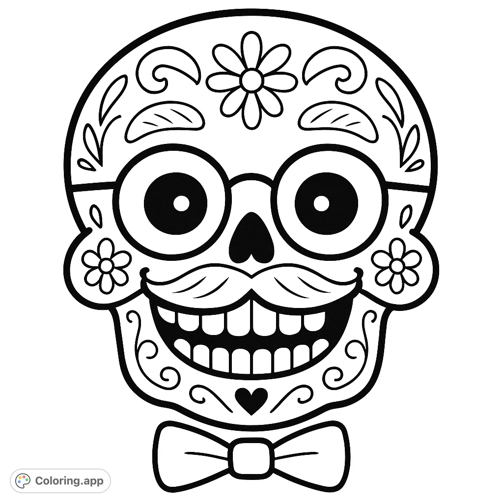 A charming sugar skull with glasses, a mustache, and intricate floral patterns, perfect for celebrating cultural traditions and creative expression.