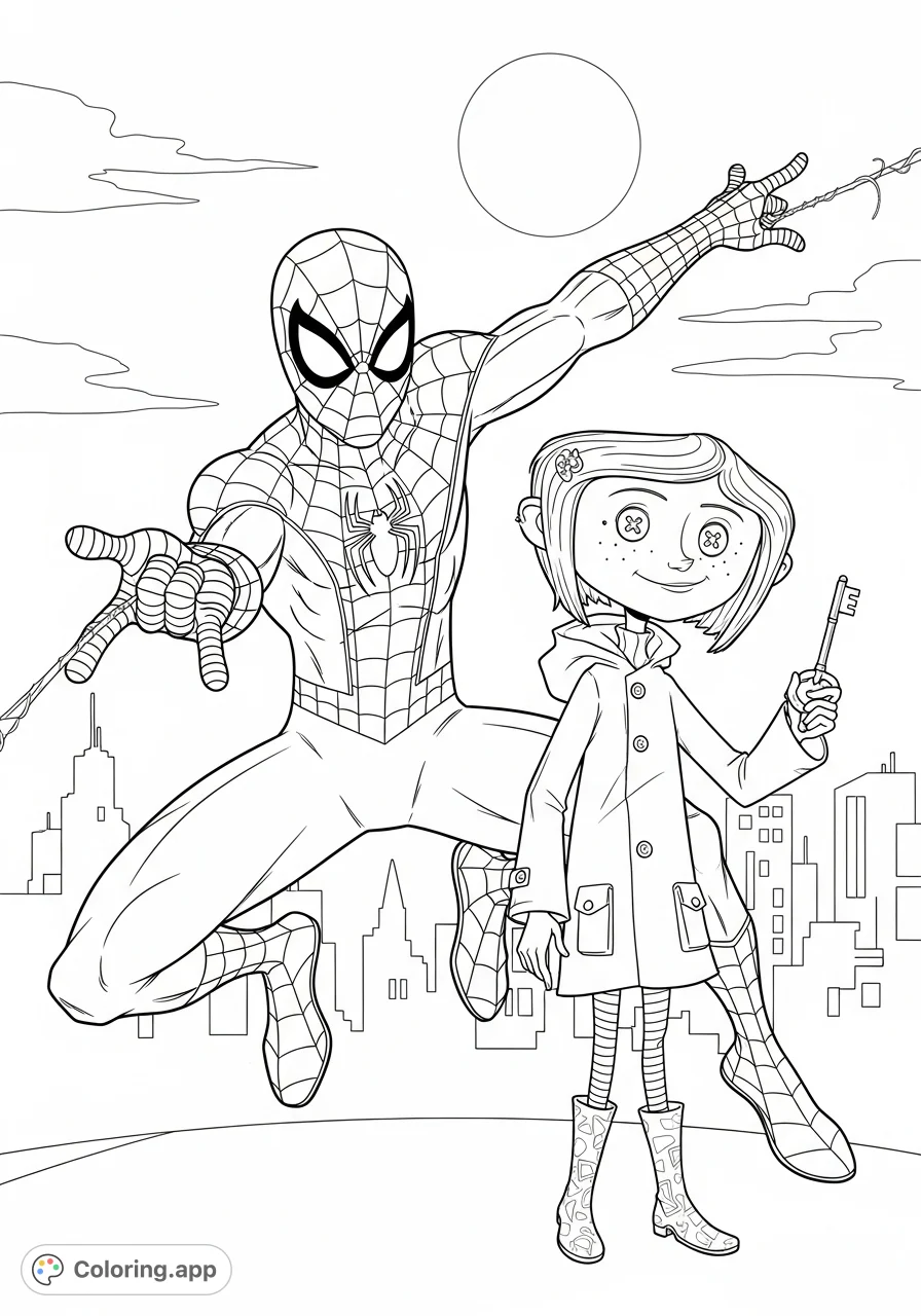 An exciting crossover featuring Spider-Man and Coraline, ready for a unique adventure. A free printable coloring page for fans of both characters.