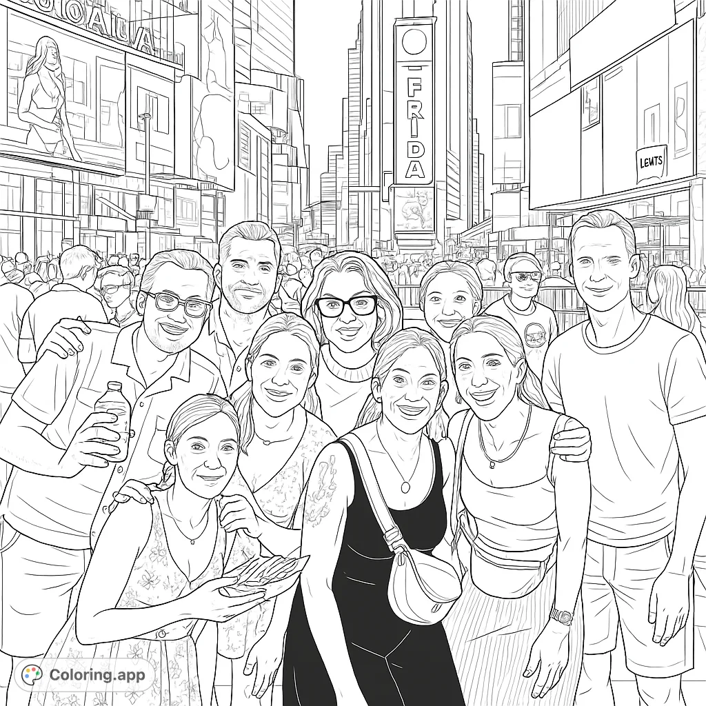 A lively group of friends captured in a bustling city square at night, surrounded by towering illuminated billboards and a vibrant crowd. A dynamic urban scene.