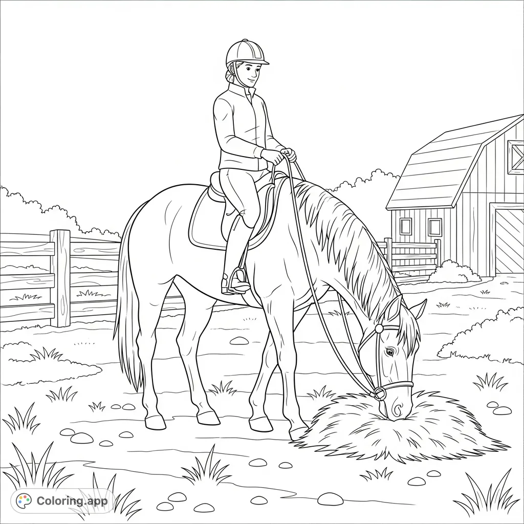 A charming farm horse coloring page featuring a horse with its rider, enjoying a meal of hay in a peaceful farm setting. Perfect for animal lovers!