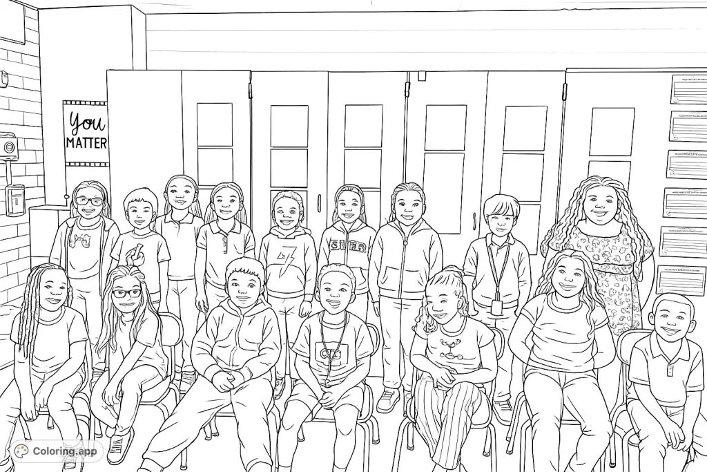 A diverse group of smiling children in a lively classroom setting, surrounded by motivational messages. Celebrate friendship and learning.