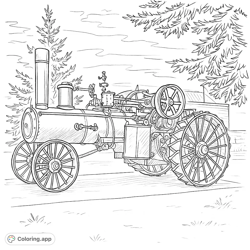 Color a detailed vintage steam engine, featuring large spoked wheels, a tall smokestack, and intricate machinery, set against a natural backdrop.