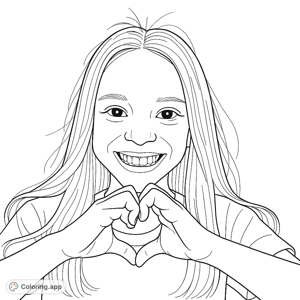 A joyful girl with long hair smiles broadly, forming a heart with her hands. A heartwarming and expressive portrait, perfect for coloring.