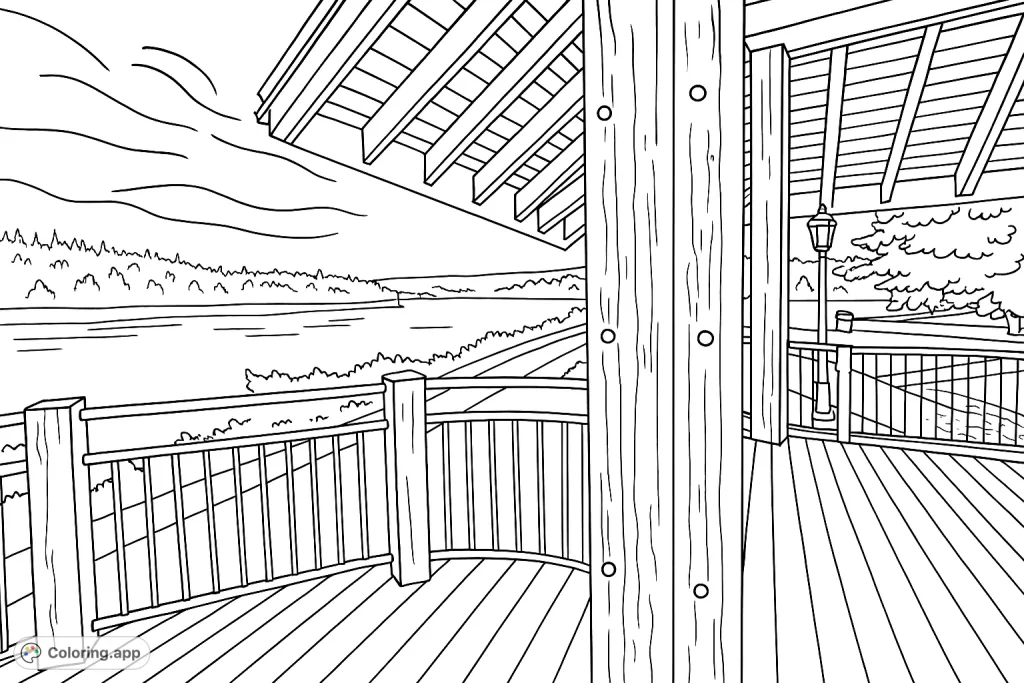 A serene riverside gazebo view, featuring sturdy wooden structures, a winding river, lush foliage, and a distant horizon. Perfect for nature lovers.