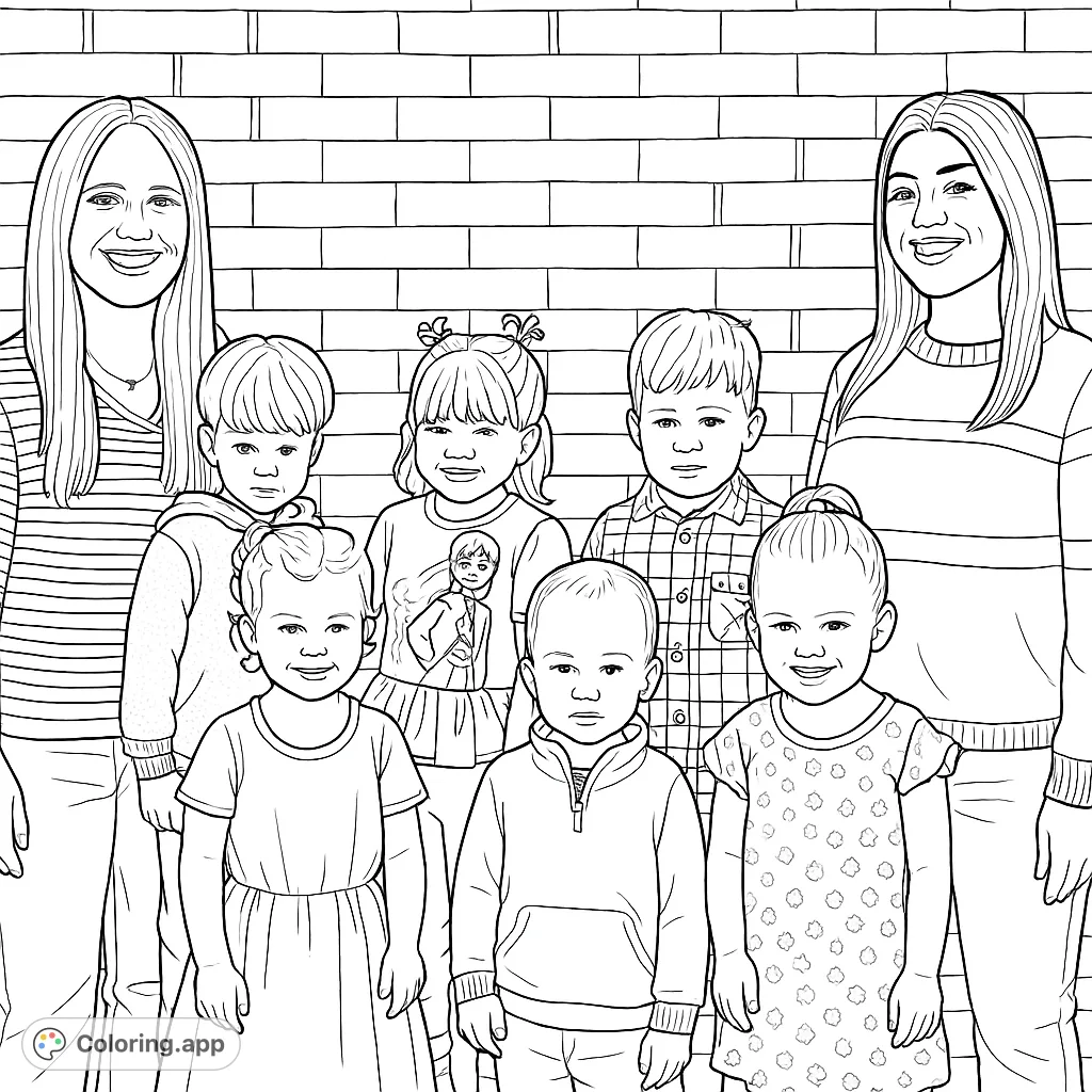 A heartwarming coloring page featuring two adults and five cheerful children posing together against a brick wall. Perfect for family fun and creative expression.