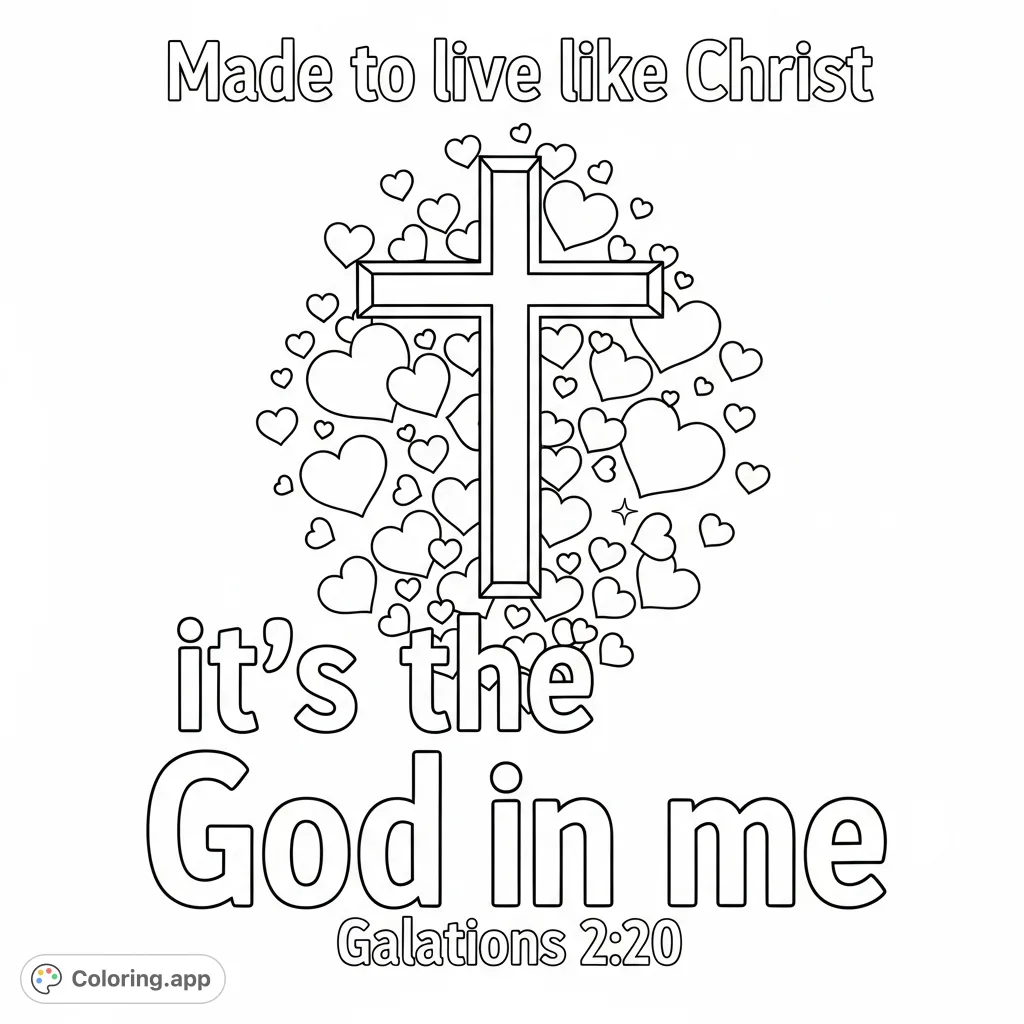 A faith-inspired coloring page featuring a central cross, surrounded by hearts and uplifting scripture, perfect for spiritual reflection.