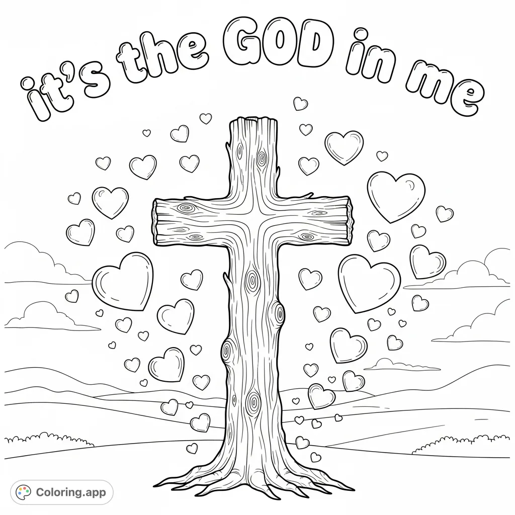 A beautiful tree-like cross surrounded by hearts of various sizes, with the inspiring phrase “it’s the God in me” in bubble letters. A meaningful faith coloring page.