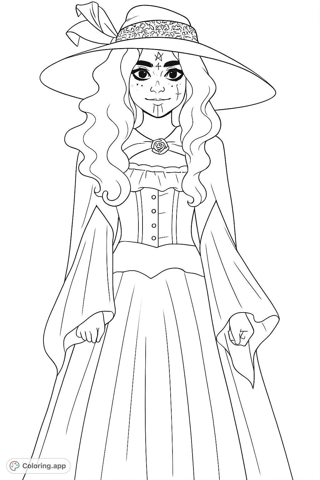 A captivating sorceress in a wide hat and flowing gown, featuring intricate facial markings and detailed attire. Perfect for fantasy lovers.