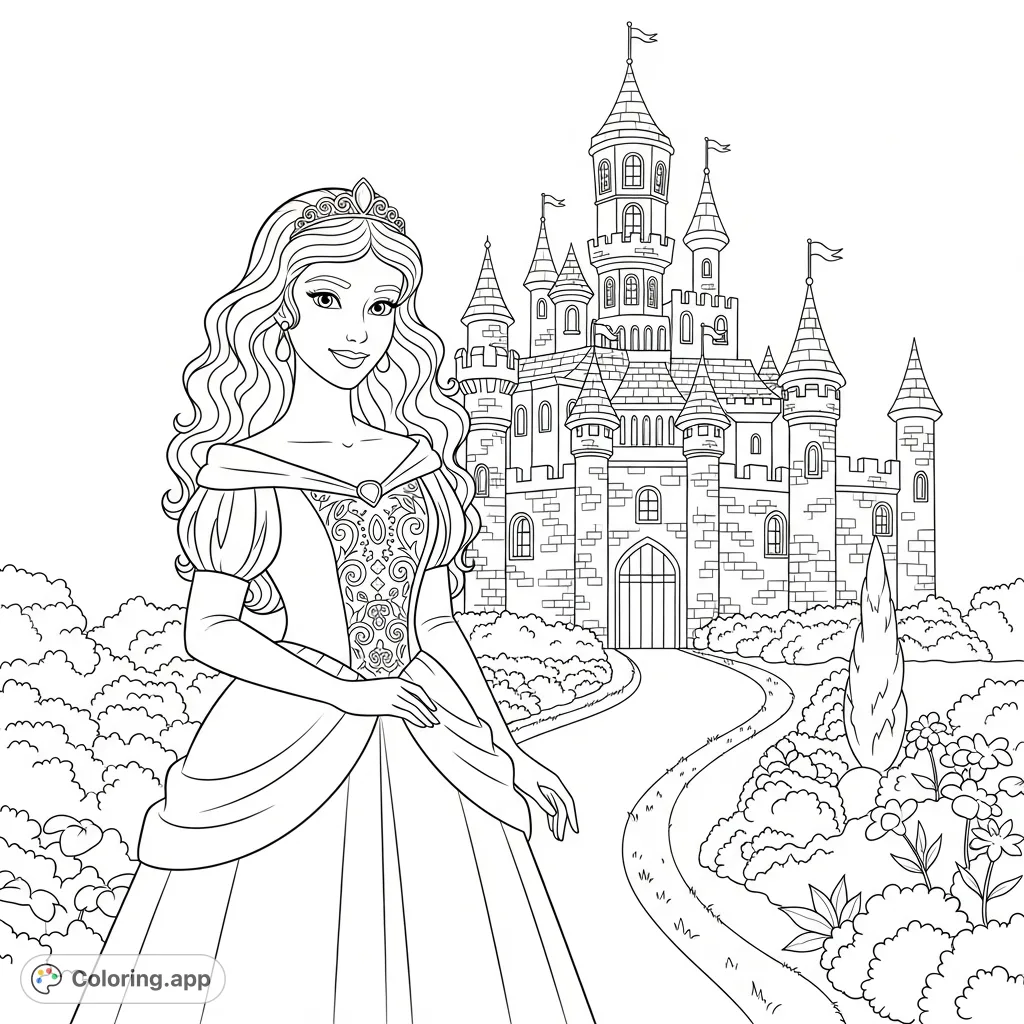 A majestic princess with long, curly hair stands before a grand castle, inviting colorists to bring her regal world to life. Perfect for fantasy lovers!