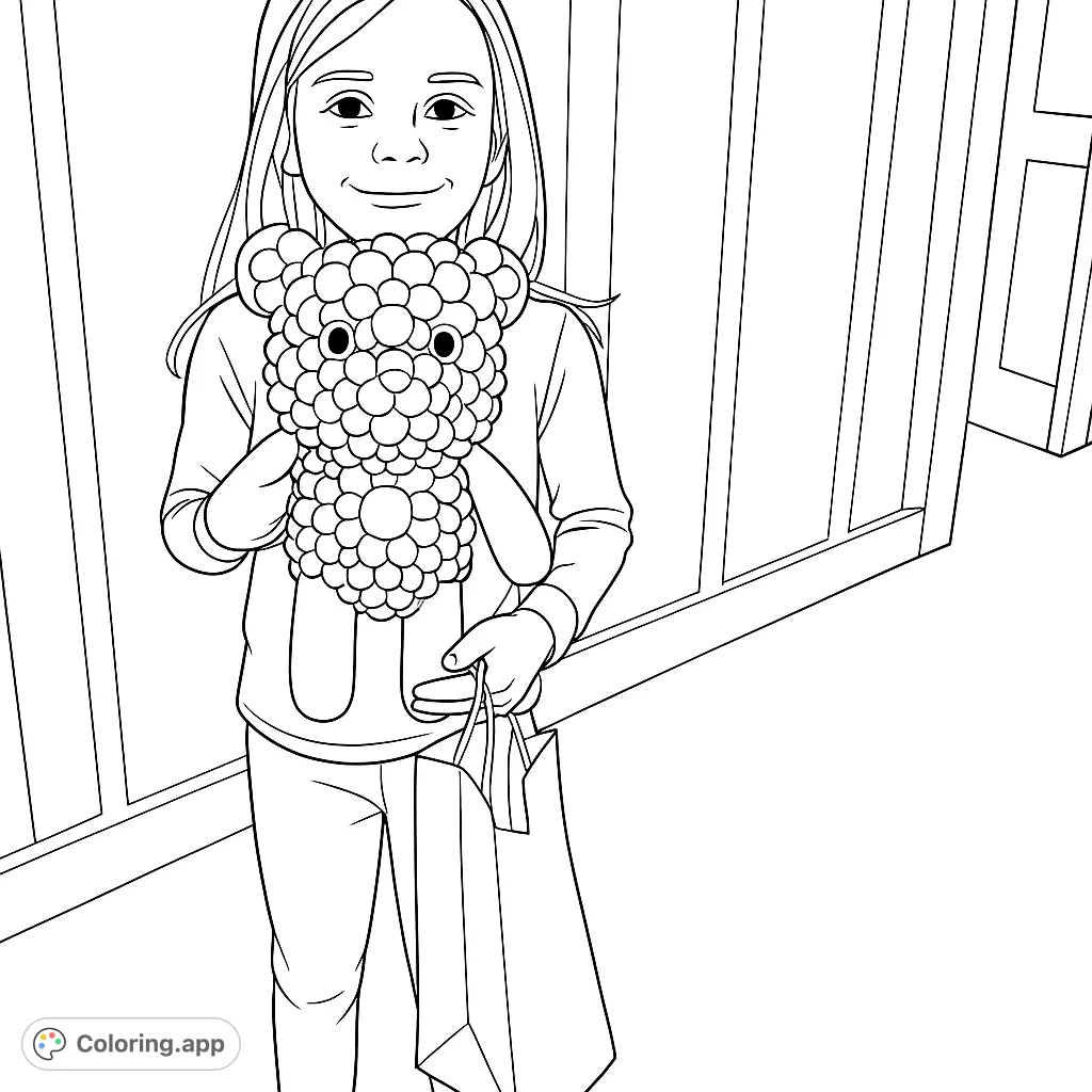 A cheerful girl holds a unique bear plush covered in textured spheres, ready for a creative coloring adventure. Perfect for kids and toy lovers!