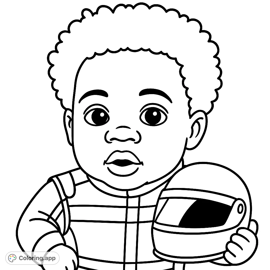 Get ready to color a charming baby racer in a NASCAR suit, holding a helmet. This racing baby coloring page is a free printable for kids, offering simple fun.