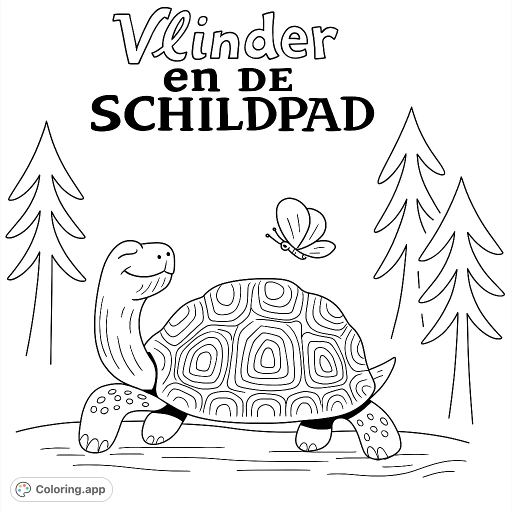 A charming coloring page featuring a smiling tortoise with a patterned shell and a delicate butterfly, set against a subtle natural background.