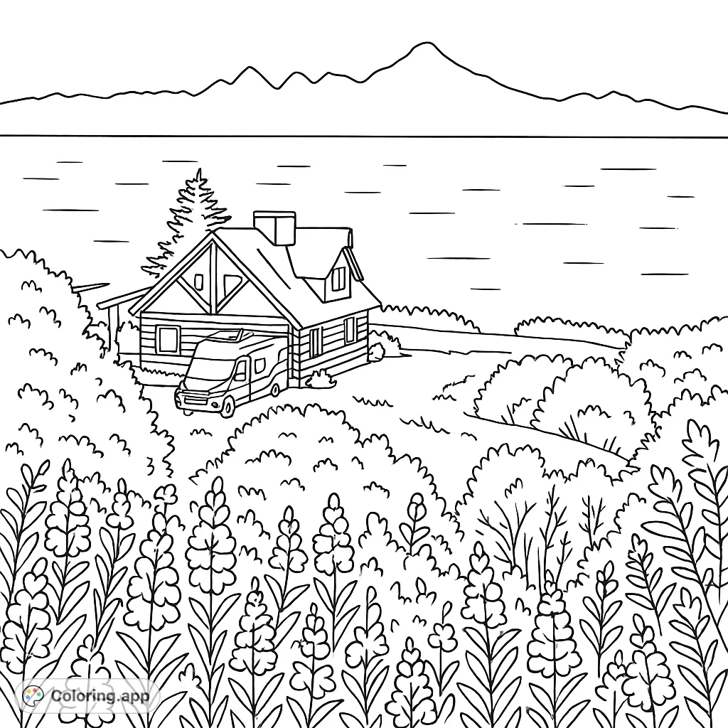 Color a serene coastal scene featuring a charming cabin, an RV, and a vibrant field of wildflowers, all set against a backdrop of a vast ocean and distant mountains.