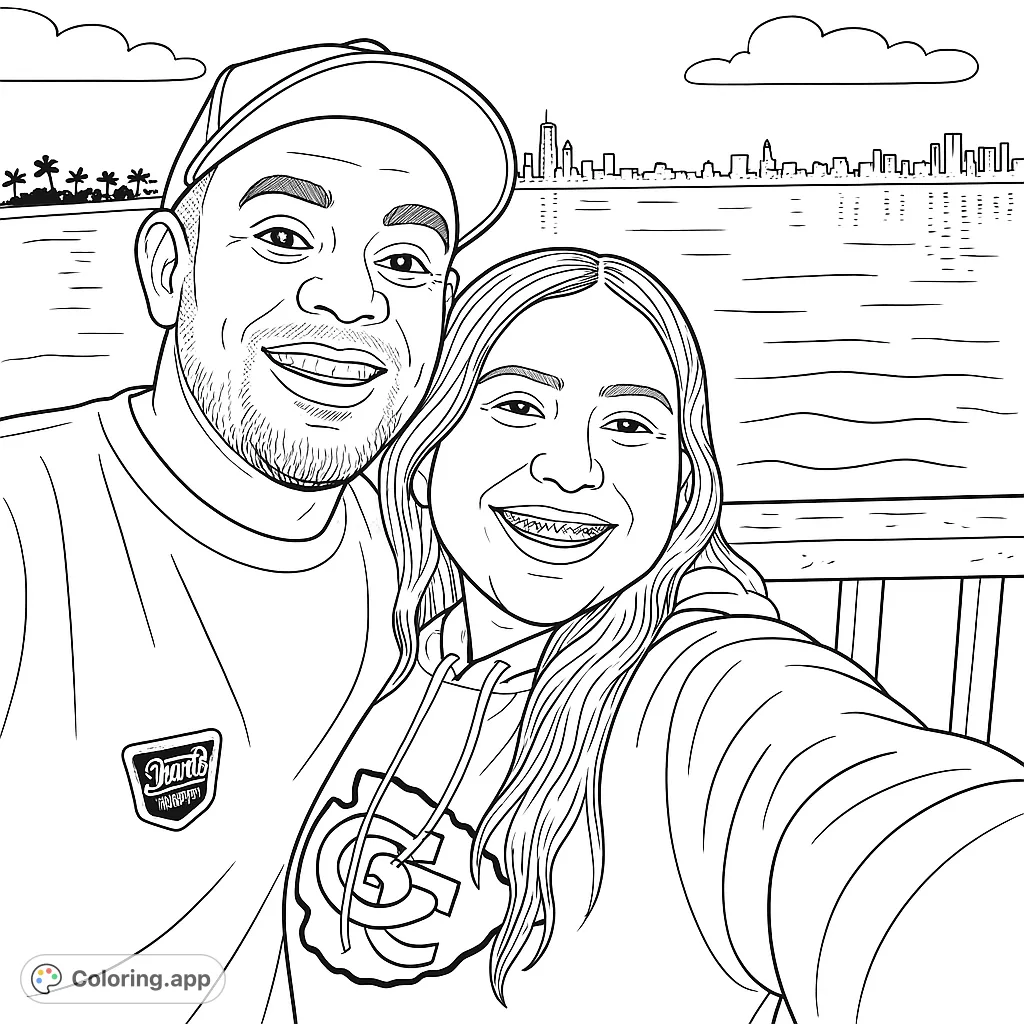 Capture a heartwarming moment with a smiling duo against a backdrop of a sparkling city skyline and reflective waters. A perfect night scene for creative coloring.