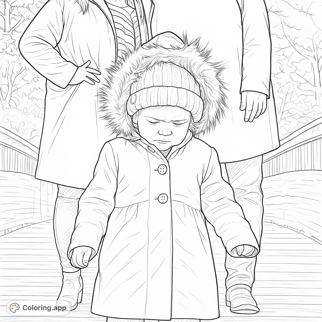 Capture a moment of a bundled-up child on a wooden bridge, with adult figures in the background. A charming winter scene for all ages to color.