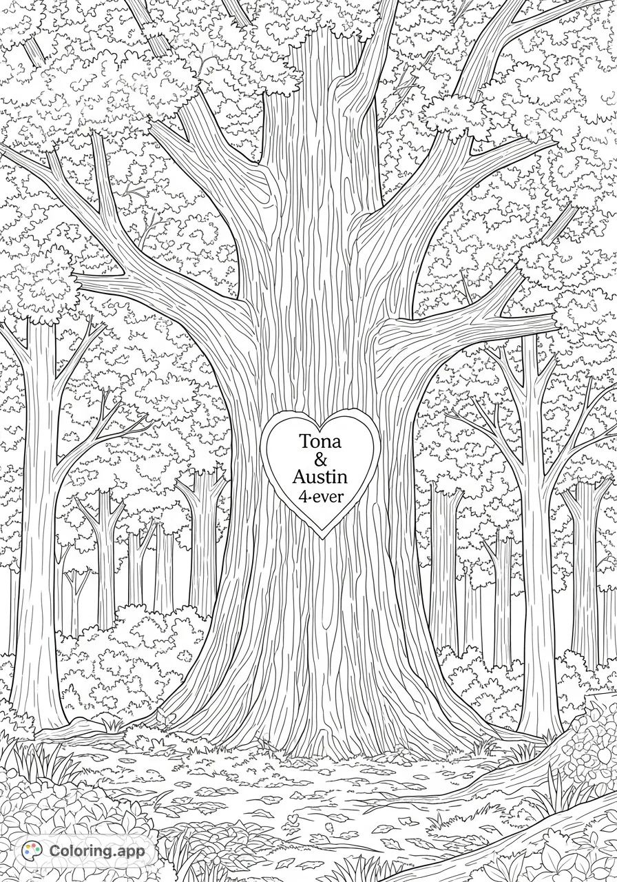 Discover a romantic forest coloring page featuring an ancient tree with a heart carved into its trunk, bearing the names Tonia & Austin 4-ever. A free printable coloring page.