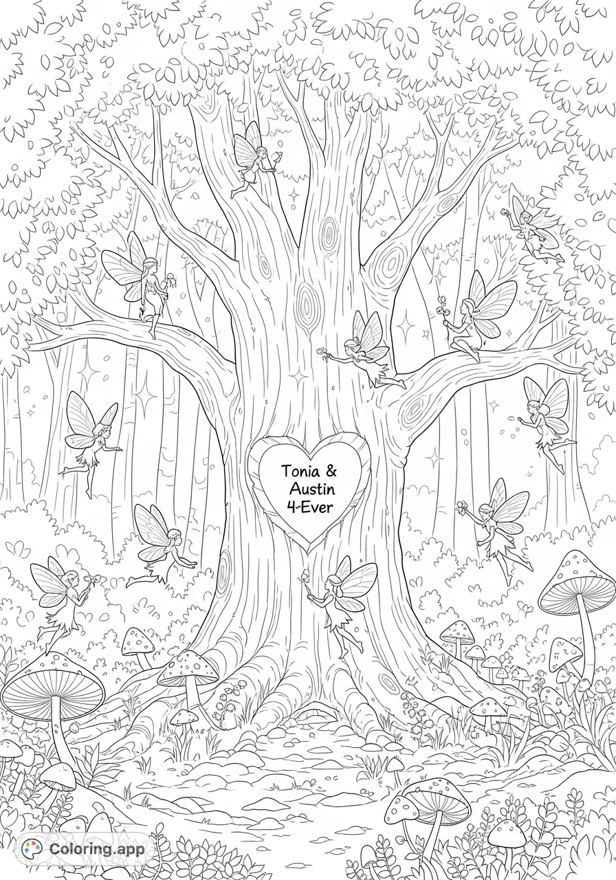 Discover an enchanted forest coloring page featuring a majestic tree with a carved heart, surrounded by whimsical love fairies and intricate flora.