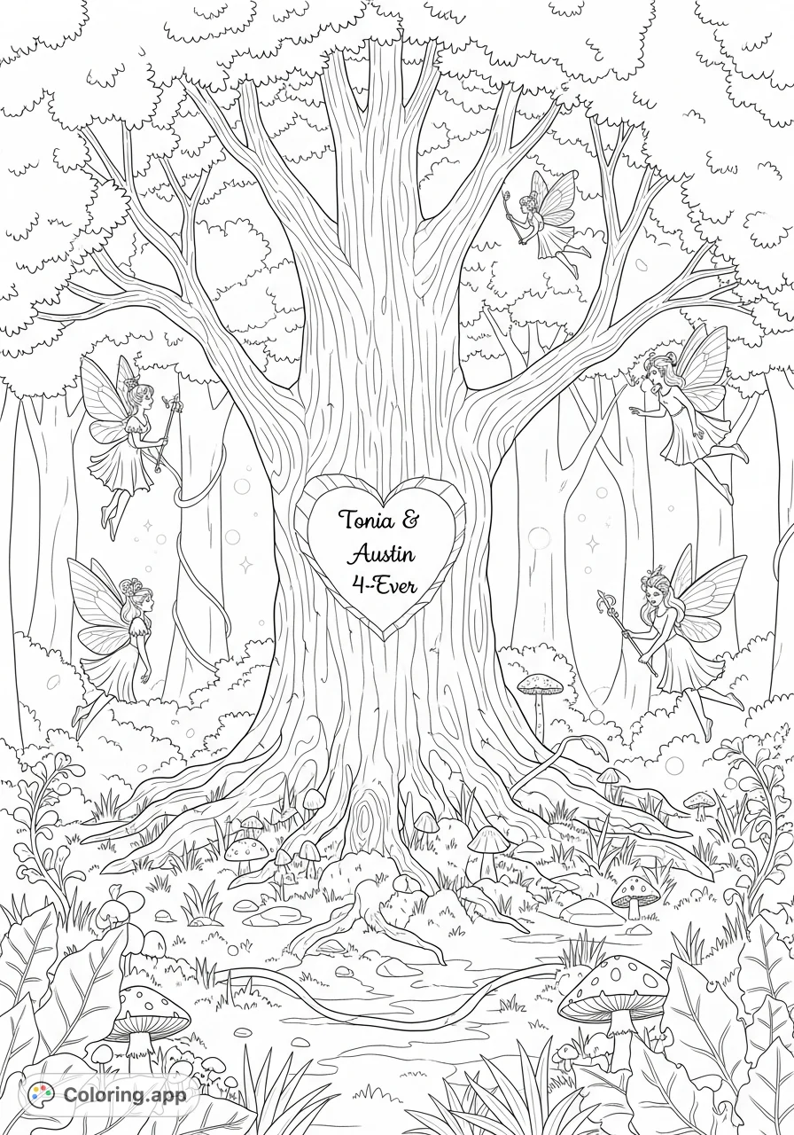 Discover a magical enchanted forest coloring page featuring an ancient tree with a carved heart, "Tonia & Austin 4-Ever," and whimsical fairies.