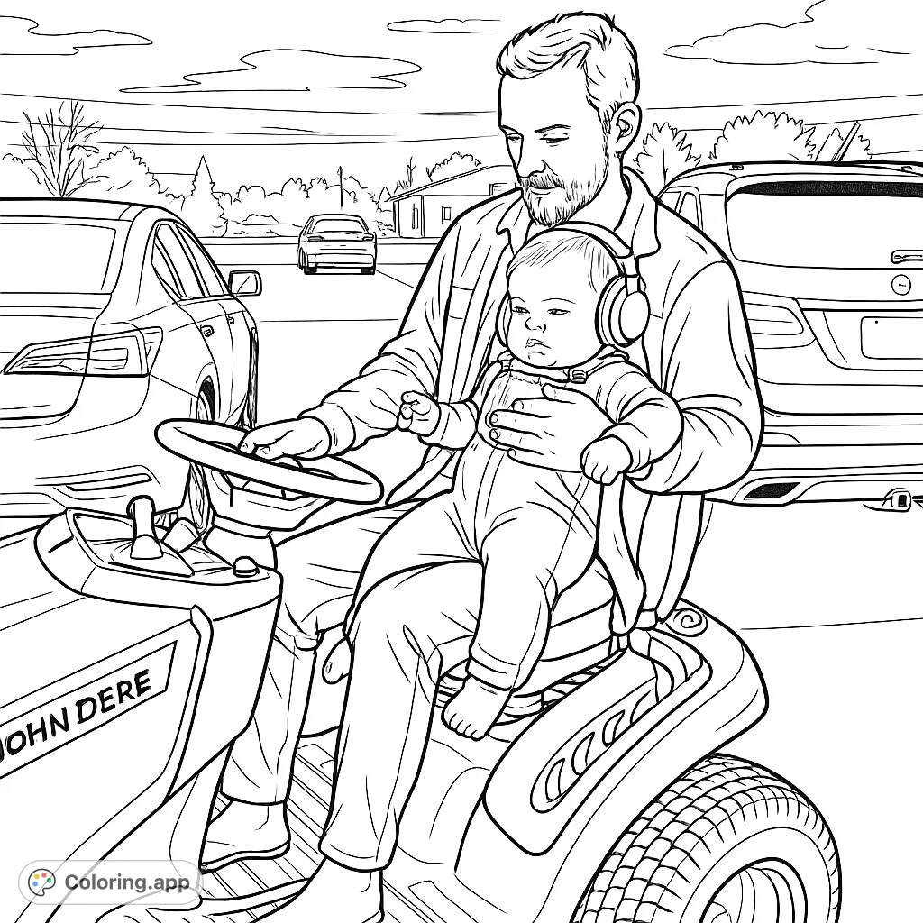 A heartwarming scene of a father and his baby on a riding lawnmower, ready for a day of outdoor work. Perfect for family bonding and creative expression.