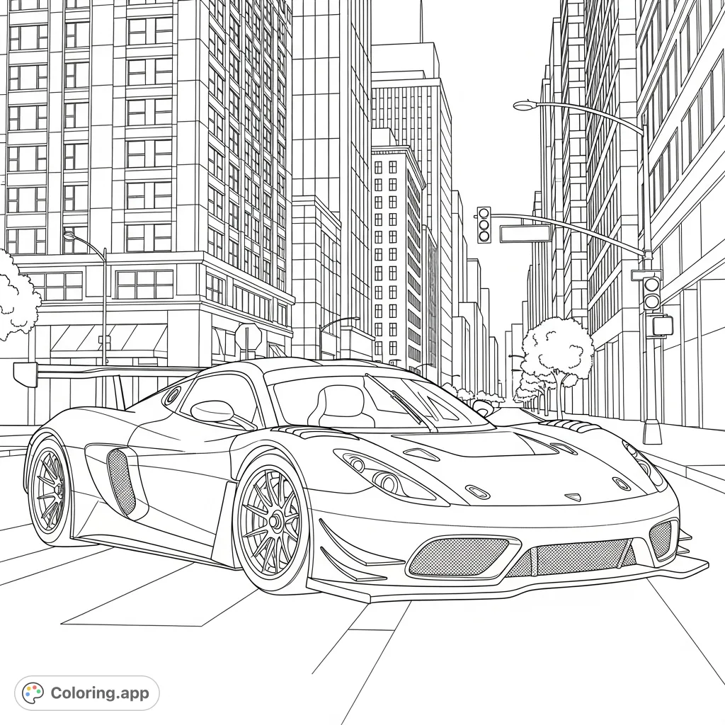 Color a dynamic race car speeding through a bustling city street on a bright day. Perfect for car enthusiasts and urban scene lovers.
