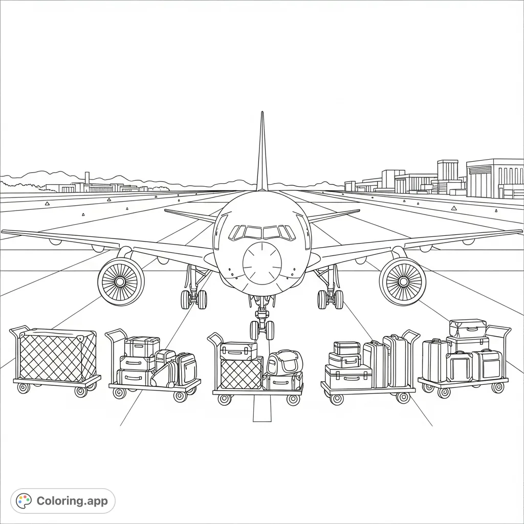 A detailed jet plane coloring page, featuring a large aircraft parked on an airport tarmac with baggage carts and distant airport buildings. Perfect for aviation enthusiasts.