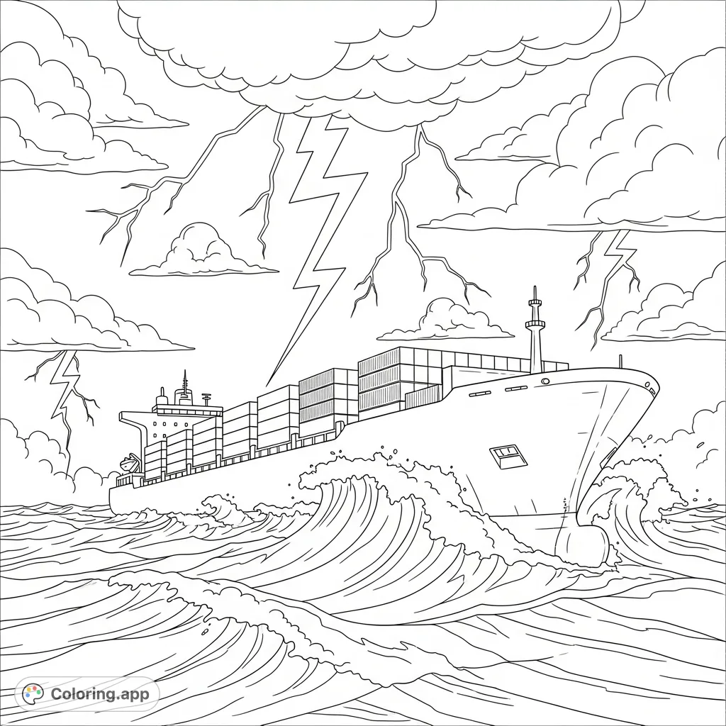 A powerful cargo ship battles a fierce ocean storm, with dramatic lightning illuminating the turbulent waves and stacked containers. A thrilling maritime scene.