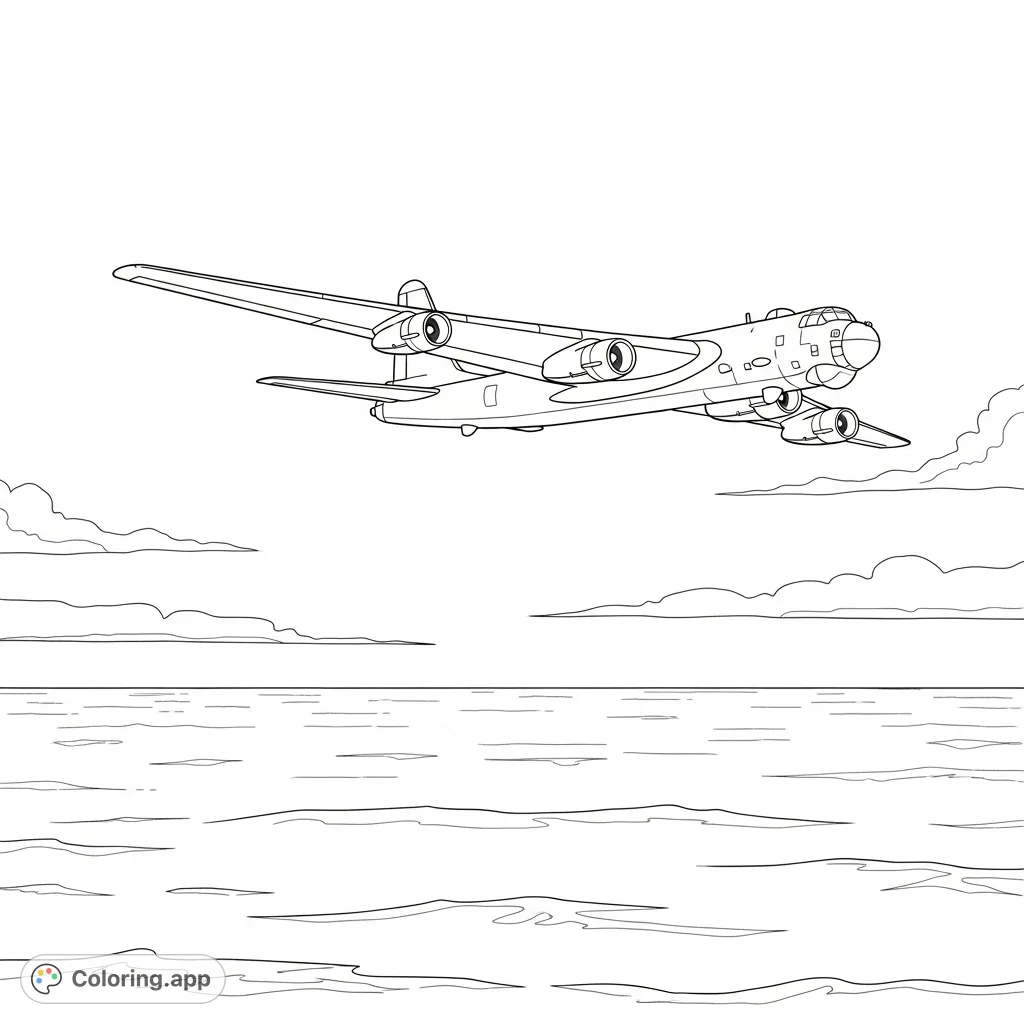 Soar into action with this military bomber coloring page, depicting a powerful aircraft flying over a vast, open sea. Perfect for aviation enthusiasts.